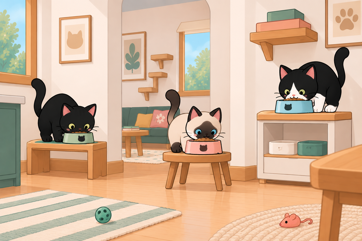Escena editorial de estaciones de alimentación felina distribuidas por la casa