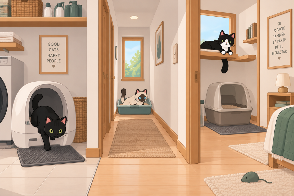 Escena editorial de un baño felino cómodo con areneros distribuidos