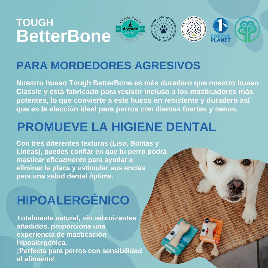 BetterBone TOUGH: Hueso Masticable HIPOALERGENICO para Perros Destructores GRANDE